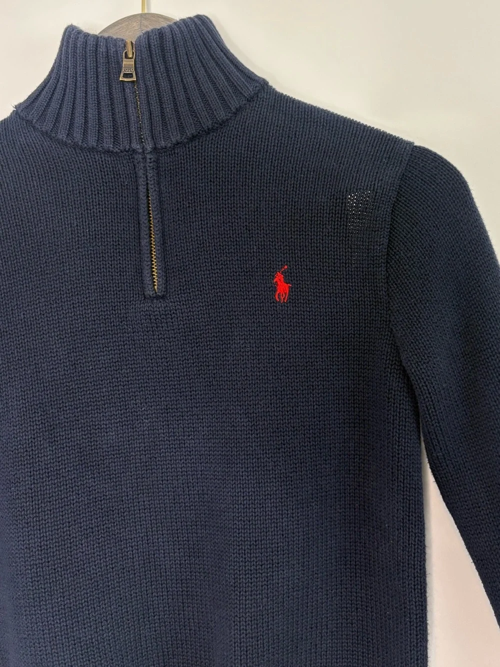 Polo Ralph Lauren Boys Quarter Zip Pullover Sweater Navy Red Pony Logo
